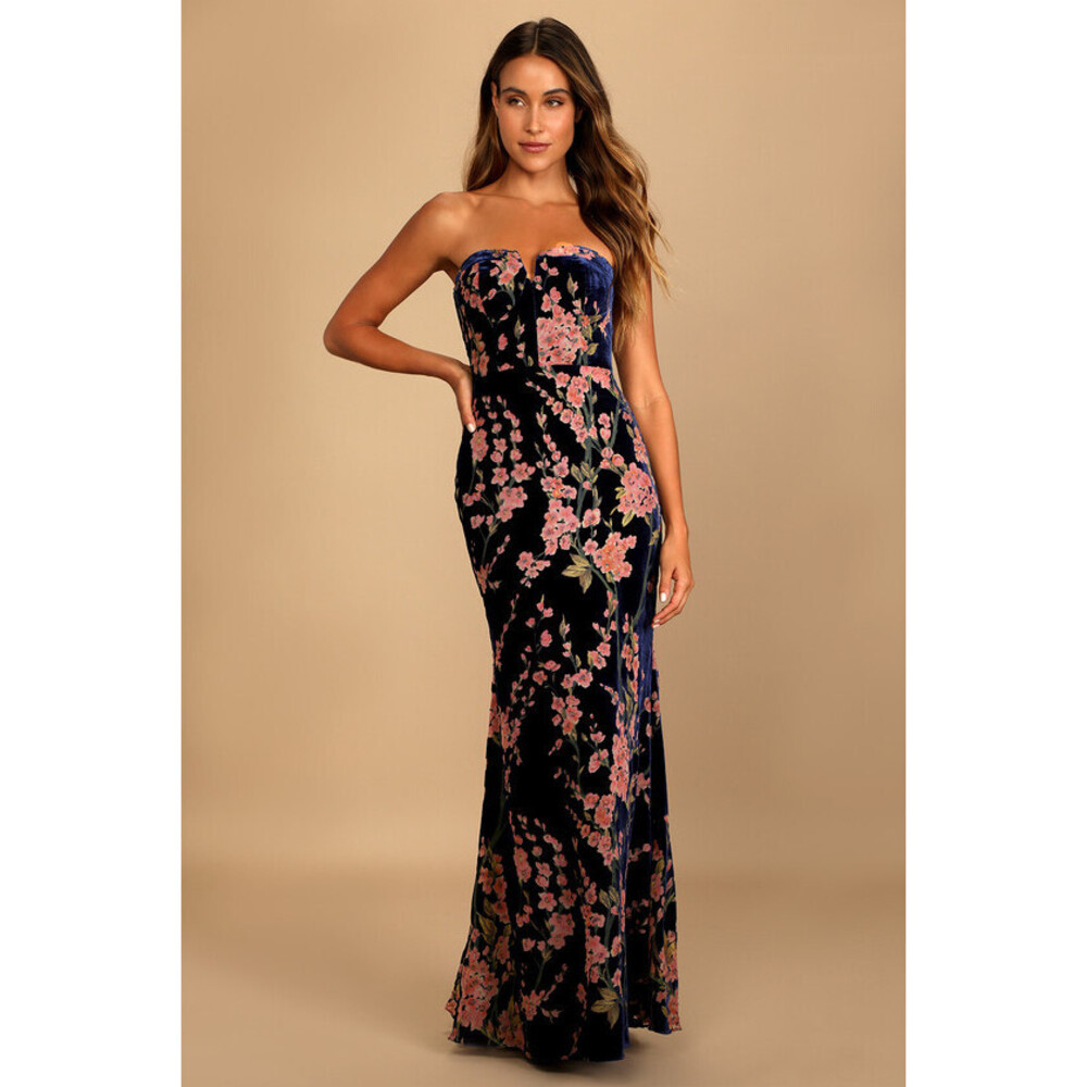 Lulus Bloom In Mind Navy Blue Floral Print Velvet Strapless Maxi Dress - Size M
